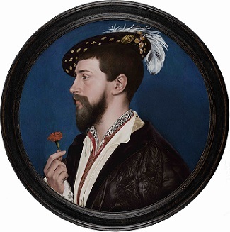Holbein’s Simon George (ca. 1535–40). In this vibrant painting, Simon George of Cornwall is portrayed in profile, in a manner modeled on antique coins and portrait medals. Nothing but the sitter’s name and place of origin is known today. 
